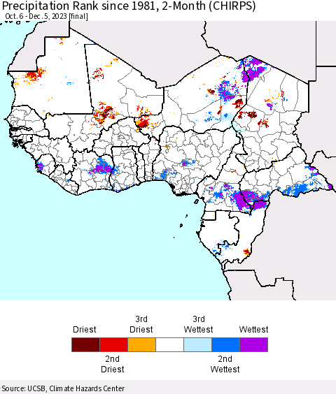 Western Africa Precipitation Rank since 1981, 2-Month (CHIRPS) Thematic Map For 10/6/2023 - 12/5/2023