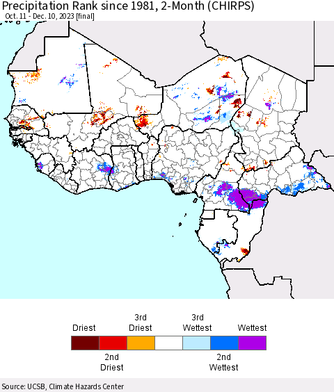 Western Africa Precipitation Rank since 1981, 2-Month (CHIRPS) Thematic Map For 10/11/2023 - 12/10/2023