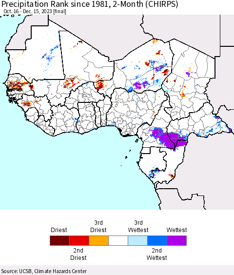 Western Africa Precipitation Rank since 1981, 2-Month (CHIRPS) Thematic Map For 10/16/2023 - 12/15/2023