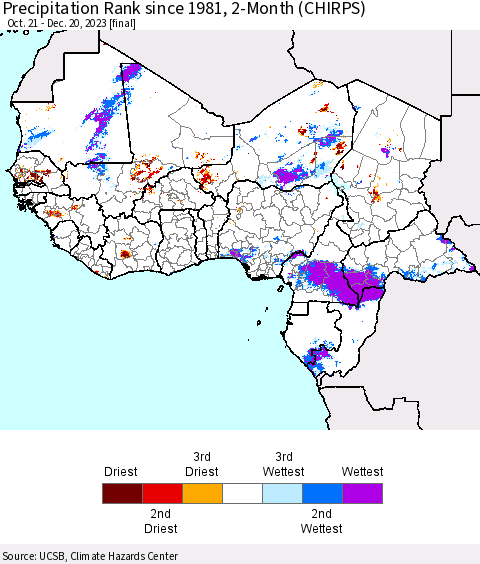 Western Africa Precipitation Rank since 1981, 2-Month (CHIRPS) Thematic Map For 10/21/2023 - 12/20/2023