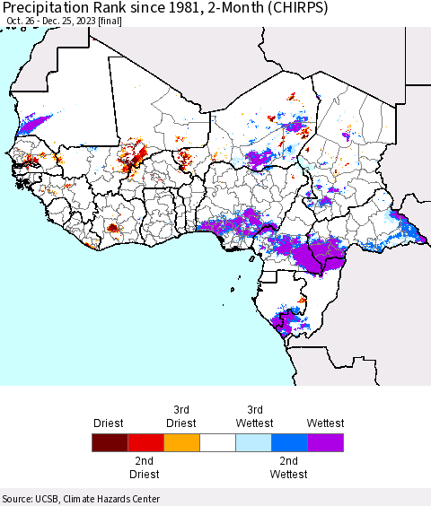 Western Africa Precipitation Rank since 1981, 2-Month (CHIRPS) Thematic Map For 10/26/2023 - 12/25/2023
