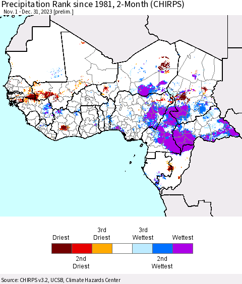 Western Africa Precipitation Rank since 1981, 2-Month (CHIRPS) Thematic Map For 11/1/2023 - 12/31/2023