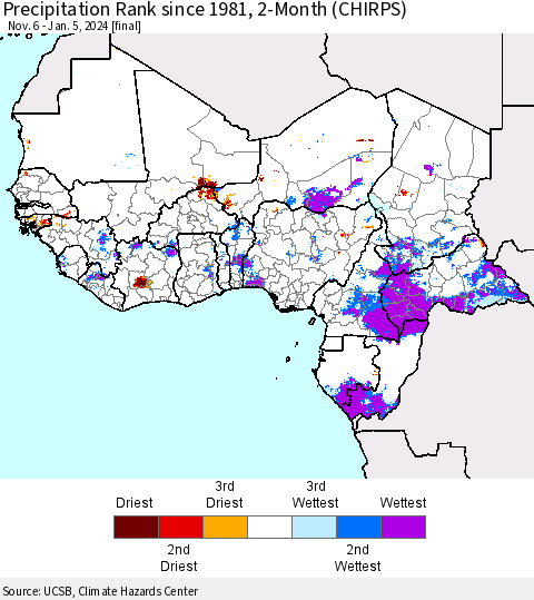 Western Africa Precipitation Rank since 1981, 2-Month (CHIRPS) Thematic Map For 11/6/2023 - 1/5/2024