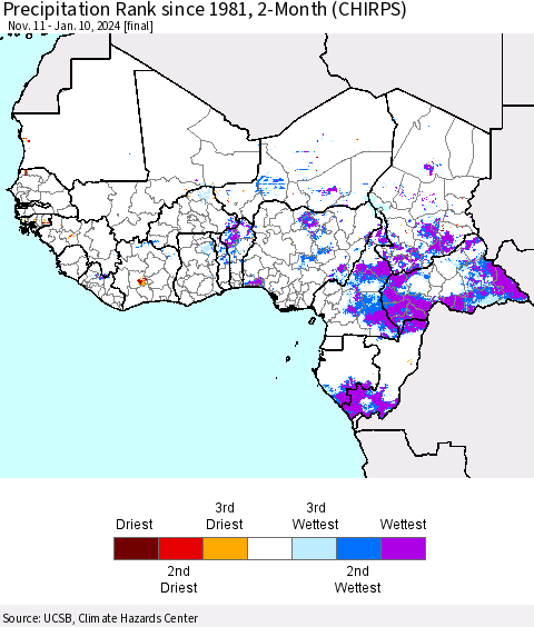 Western Africa Precipitation Rank since 1981, 2-Month (CHIRPS) Thematic Map For 11/11/2023 - 1/10/2024