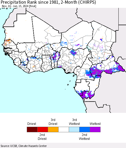 Western Africa Precipitation Rank since 1981, 2-Month (CHIRPS) Thematic Map For 11/16/2023 - 1/15/2024
