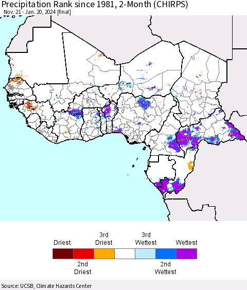 Western Africa Precipitation Rank since 1981, 2-Month (CHIRPS) Thematic Map For 11/21/2023 - 1/20/2024