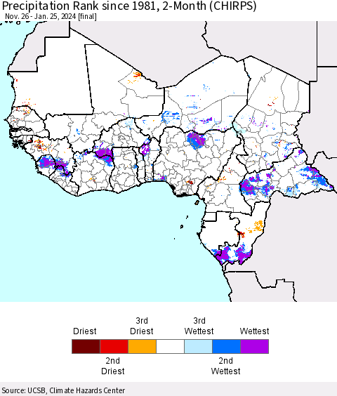 Western Africa Precipitation Rank since 1981, 2-Month (CHIRPS) Thematic Map For 11/26/2023 - 1/25/2024