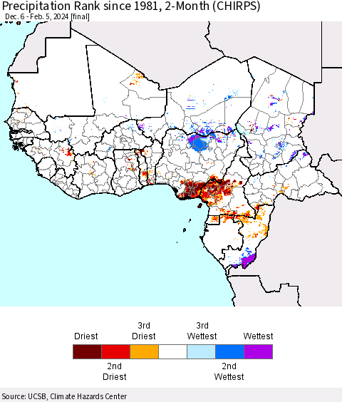 Western Africa Precipitation Rank since 1981, 2-Month (CHIRPS) Thematic Map For 12/6/2023 - 2/5/2024