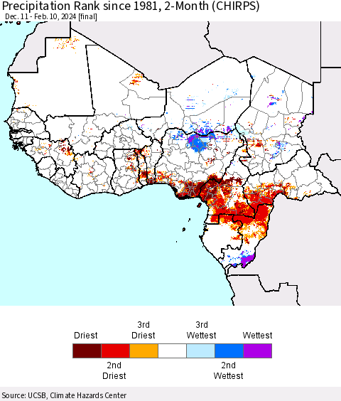 Western Africa Precipitation Rank since 1981, 2-Month (CHIRPS) Thematic Map For 12/11/2023 - 2/10/2024
