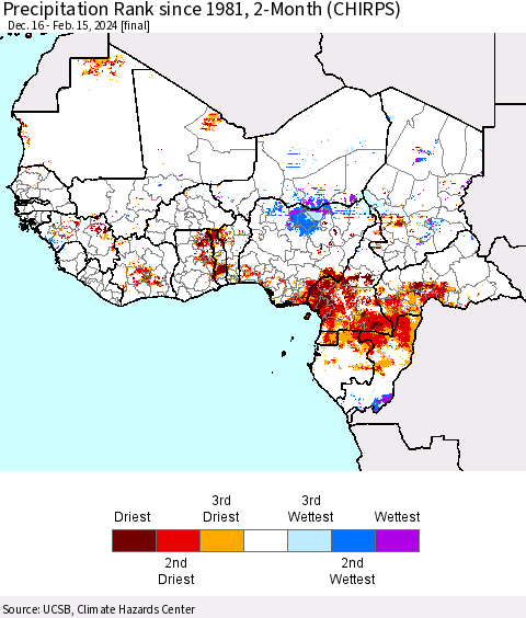 Western Africa Precipitation Rank since 1981, 2-Month (CHIRPS) Thematic Map For 12/16/2023 - 2/15/2024