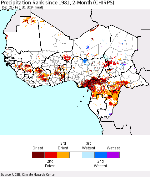 Western Africa Precipitation Rank since 1981, 2-Month (CHIRPS) Thematic Map For 12/21/2023 - 2/20/2024