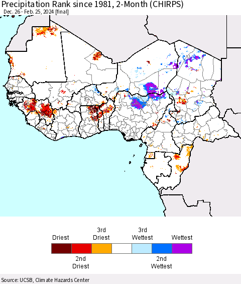 Western Africa Precipitation Rank since 1981, 2-Month (CHIRPS) Thematic Map For 12/26/2023 - 2/25/2024
