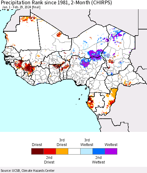 Western Africa Precipitation Rank since 1981, 2-Month (CHIRPS) Thematic Map For 1/1/2024 - 2/29/2024