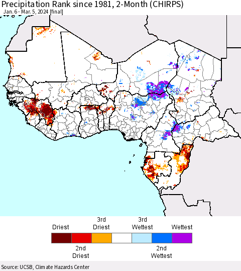 Western Africa Precipitation Rank since 1981, 2-Month (CHIRPS) Thematic Map For 1/6/2024 - 3/5/2024