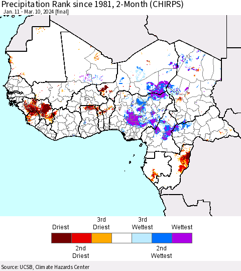 Western Africa Precipitation Rank since 1981, 2-Month (CHIRPS) Thematic Map For 1/11/2024 - 3/10/2024