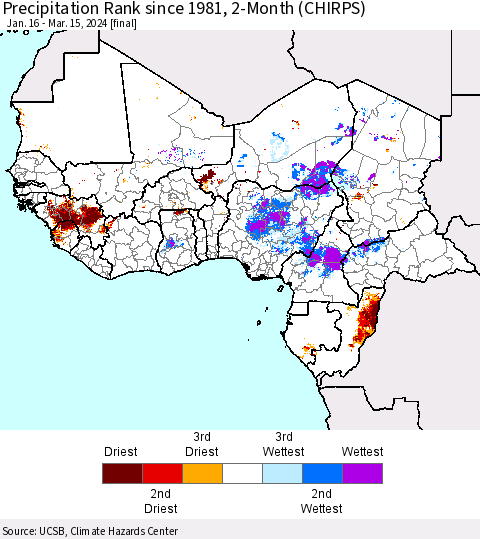 Western Africa Precipitation Rank since 1981, 2-Month (CHIRPS) Thematic Map For 1/16/2024 - 3/15/2024