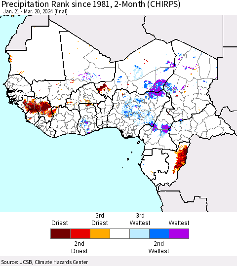 Western Africa Precipitation Rank since 1981, 2-Month (CHIRPS) Thematic Map For 1/21/2024 - 3/20/2024
