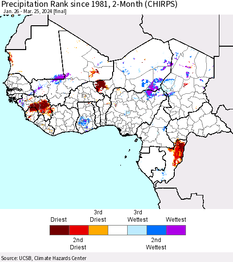 Western Africa Precipitation Rank since 1981, 2-Month (CHIRPS) Thematic Map For 1/26/2024 - 3/25/2024