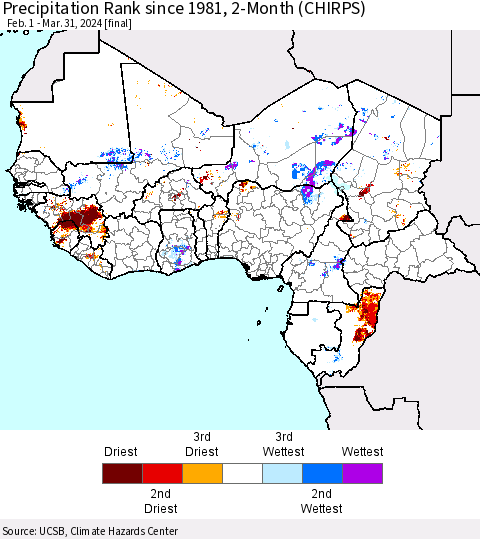 Western Africa Precipitation Rank since 1981, 2-Month (CHIRPS) Thematic Map For 2/1/2024 - 3/31/2024