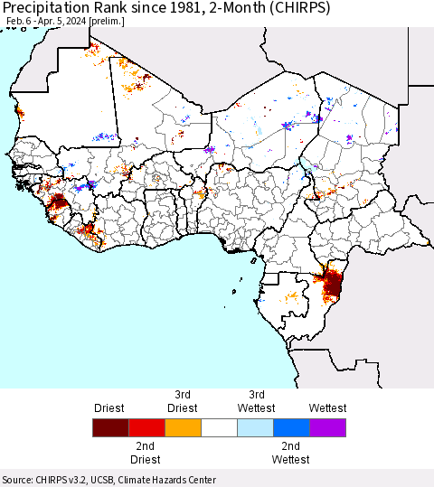 Western Africa Precipitation Rank since 1981, 2-Month (CHIRPS) Thematic Map For 2/6/2024 - 4/5/2024