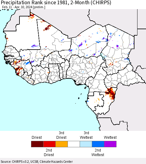 Western Africa Precipitation Rank since 1981, 2-Month (CHIRPS) Thematic Map For 2/11/2024 - 4/10/2024