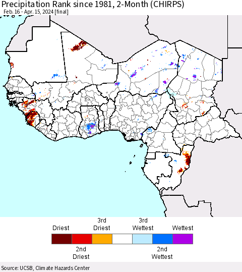 Western Africa Precipitation Rank since 1981, 2-Month (CHIRPS) Thematic Map For 2/16/2024 - 4/15/2024