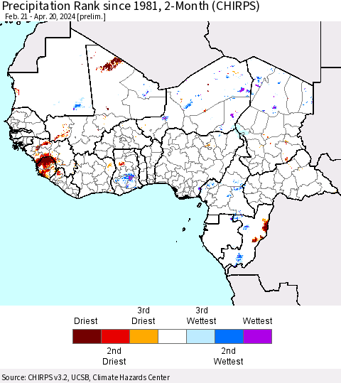 Western Africa Precipitation Rank since 1981, 2-Month (CHIRPS) Thematic Map For 2/21/2024 - 4/20/2024