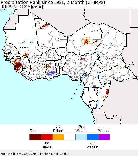Western Africa Precipitation Rank since 1981, 2-Month (CHIRPS) Thematic Map For 2/26/2024 - 4/25/2024