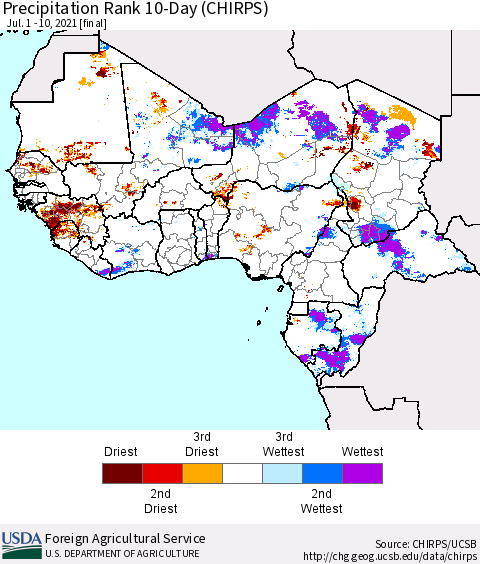 Western Africa Precipitation Rank since 1981, 10-Day (CHIRPS) Thematic Map For 7/1/2021 - 7/10/2021