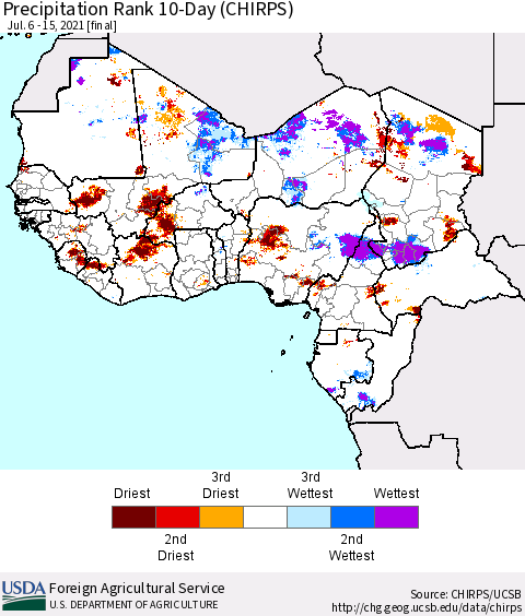 Western Africa Precipitation Rank since 1981, 10-Day (CHIRPS) Thematic Map For 7/6/2021 - 7/15/2021