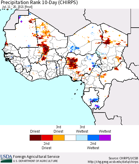 Western Africa Precipitation Rank since 1981, 10-Day (CHIRPS) Thematic Map For 7/11/2021 - 7/20/2021