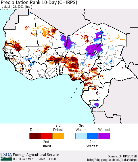 Western Africa Precipitation Rank since 1981, 10-Day (CHIRPS) Thematic Map For 7/16/2021 - 7/25/2021