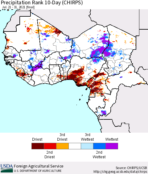 Western Africa Precipitation Rank since 1981, 10-Day (CHIRPS) Thematic Map For 7/21/2021 - 7/31/2021