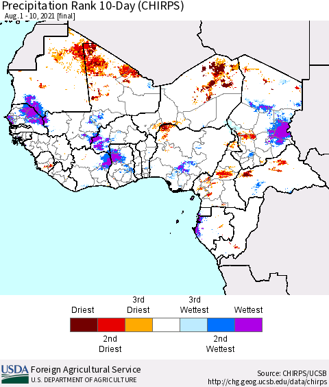 Western Africa Precipitation Rank since 1981, 10-Day (CHIRPS) Thematic Map For 8/1/2021 - 8/10/2021