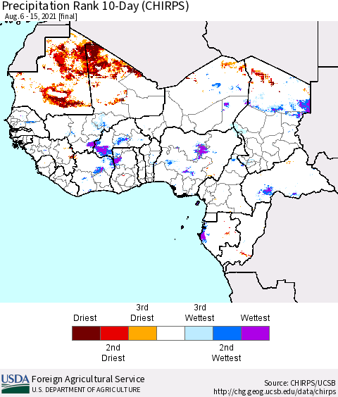 Western Africa Precipitation Rank since 1981, 10-Day (CHIRPS) Thematic Map For 8/6/2021 - 8/15/2021