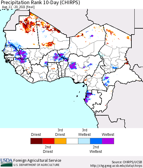 Western Africa Precipitation Rank since 1981, 10-Day (CHIRPS) Thematic Map For 8/11/2021 - 8/20/2021