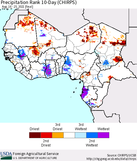 Western Africa Precipitation Rank since 1981, 10-Day (CHIRPS) Thematic Map For 8/16/2021 - 8/25/2021