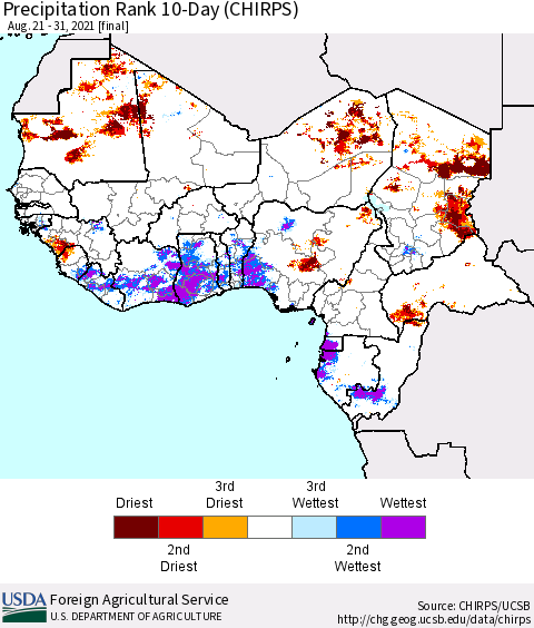 Western Africa Precipitation Rank since 1981, 10-Day (CHIRPS) Thematic Map For 8/21/2021 - 8/31/2021