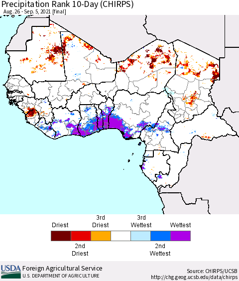 Western Africa Precipitation Rank since 1981, 10-Day (CHIRPS) Thematic Map For 8/26/2021 - 9/5/2021