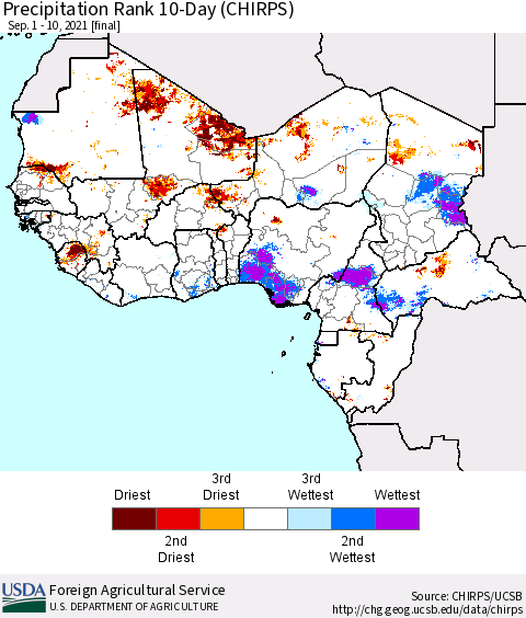 Western Africa Precipitation Rank since 1981, 10-Day (CHIRPS) Thematic Map For 9/1/2021 - 9/10/2021