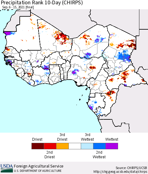 Western Africa Precipitation Rank since 1981, 10-Day (CHIRPS) Thematic Map For 9/6/2021 - 9/15/2021