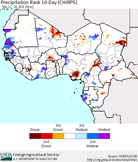Western Africa Precipitation Rank since 1981, 10-Day (CHIRPS) Thematic Map For 9/11/2021 - 9/20/2021