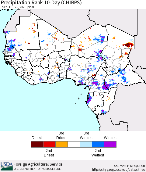Western Africa Precipitation Rank since 1981, 10-Day (CHIRPS) Thematic Map For 9/16/2021 - 9/25/2021
