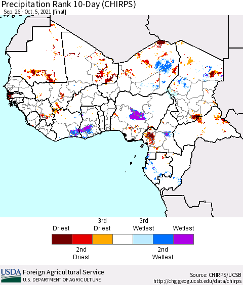Western Africa Precipitation Rank since 1981, 10-Day (CHIRPS) Thematic Map For 9/26/2021 - 10/5/2021