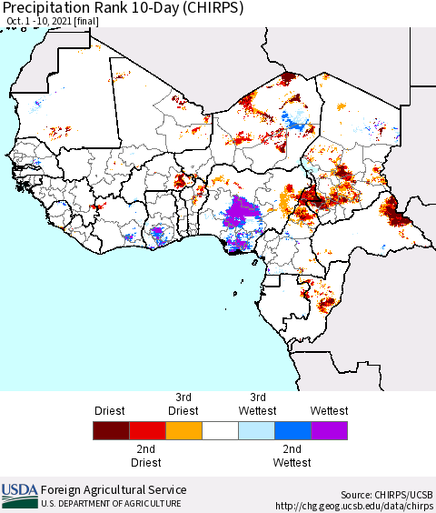 Western Africa Precipitation Rank since 1981, 10-Day (CHIRPS) Thematic Map For 10/1/2021 - 10/10/2021