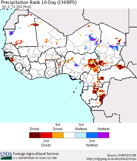 Western Africa Precipitation Rank since 1981, 10-Day (CHIRPS) Thematic Map For 10/6/2021 - 10/15/2021