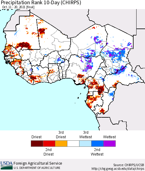 Western Africa Precipitation Rank since 1981, 10-Day (CHIRPS) Thematic Map For 10/11/2021 - 10/20/2021