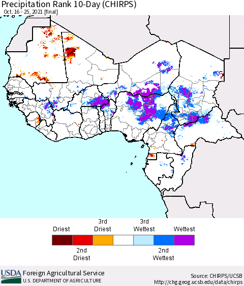 Western Africa Precipitation Rank since 1981, 10-Day (CHIRPS) Thematic Map For 10/16/2021 - 10/25/2021