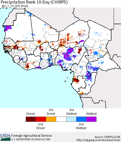 Western Africa Precipitation Rank since 1981, 10-Day (CHIRPS) Thematic Map For 11/1/2021 - 11/10/2021