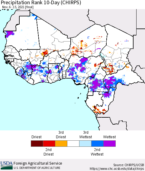 Western Africa Precipitation Rank since 1981, 10-Day (CHIRPS) Thematic Map For 11/6/2021 - 11/15/2021